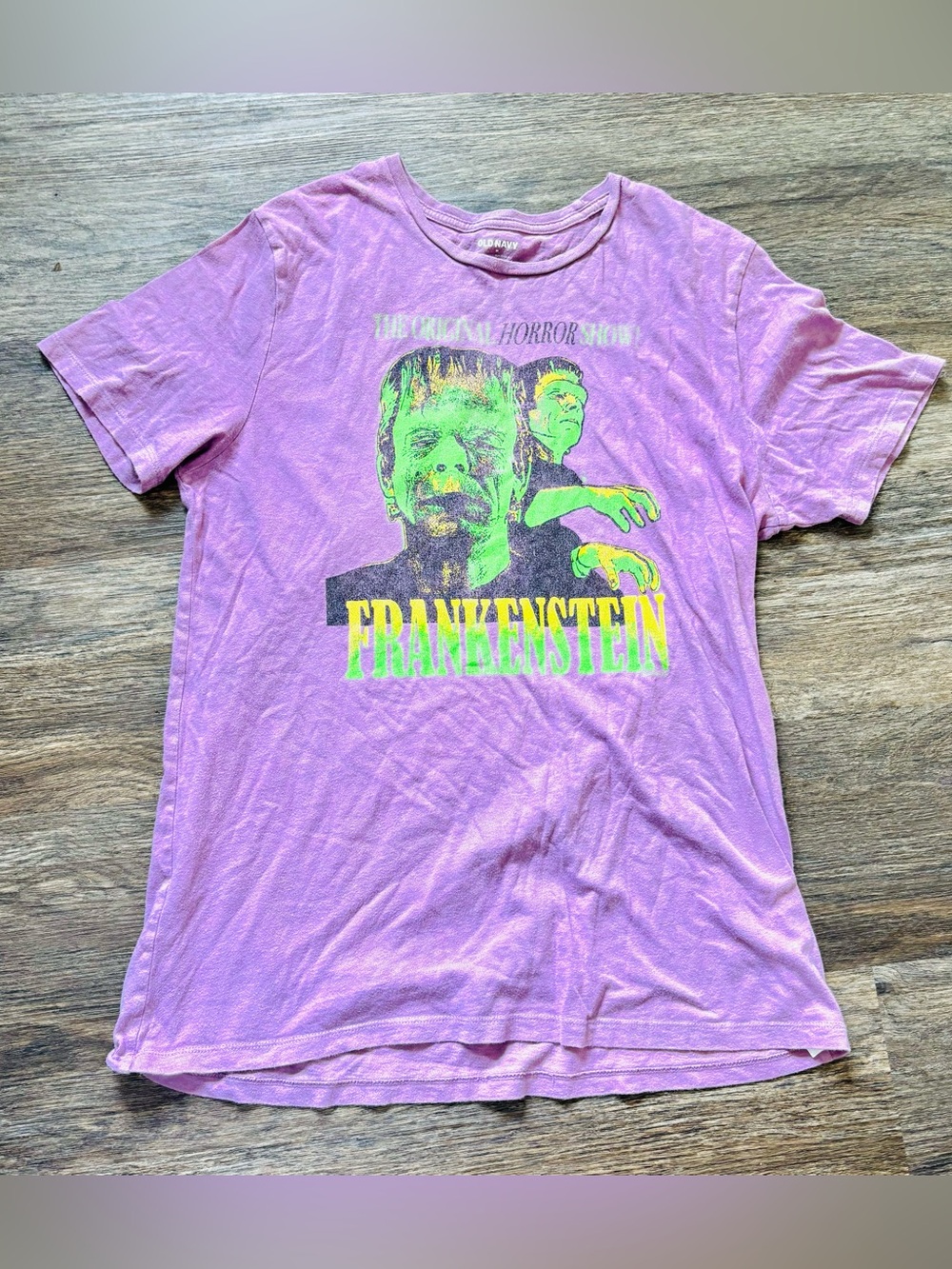 Old Navy Pink Tee with Neon Green Frankenstein Graphic